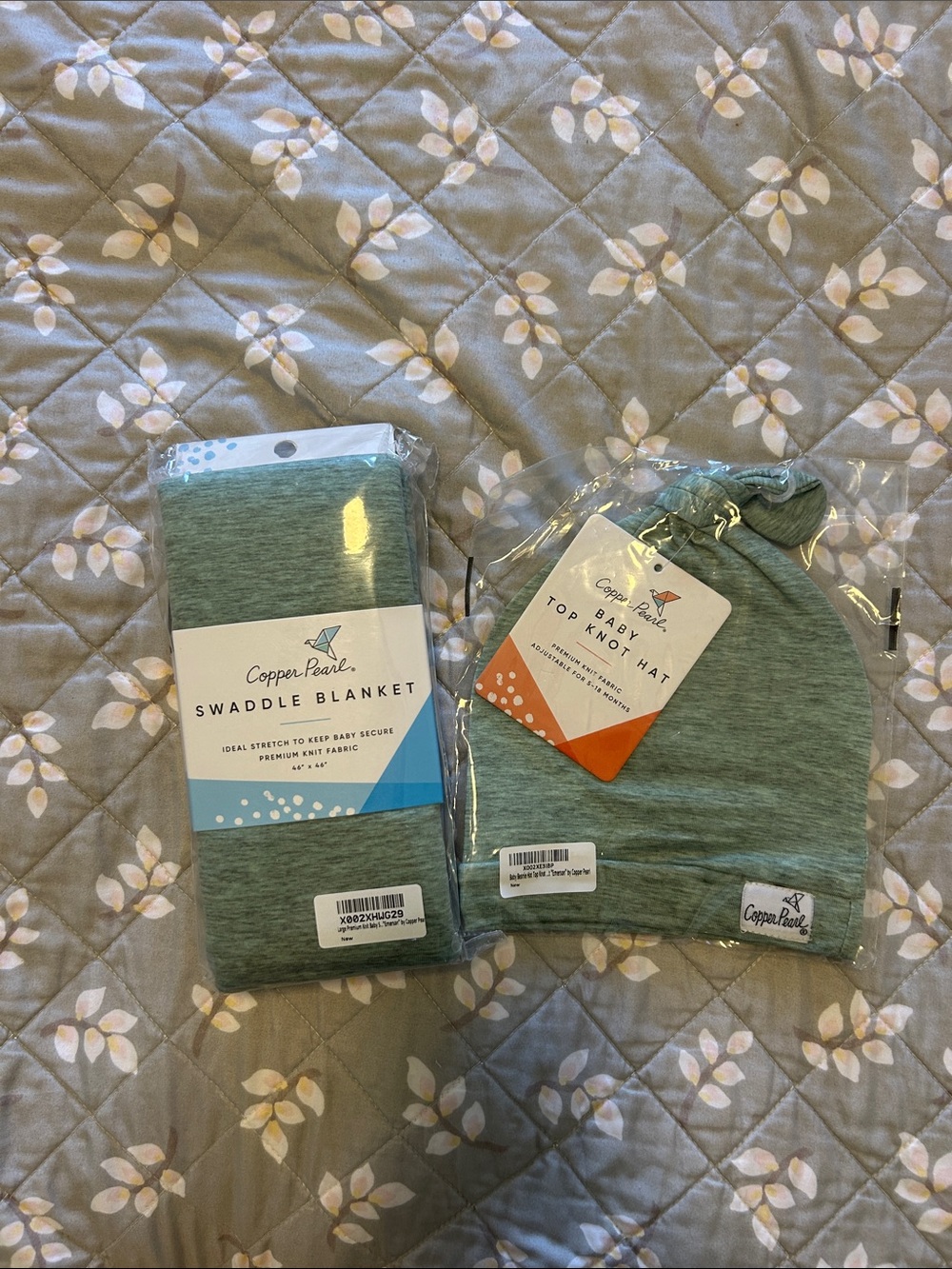 Copper Pearl Green Baby Swaddle Blanket & Top Knot Hat Set